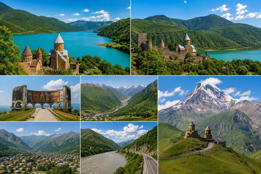 A lake, a castle, a church, a mountain, a village, and a road. 1