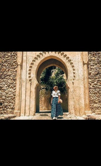 A person standing in front of an arched doorway with a stone wall on either side. 4