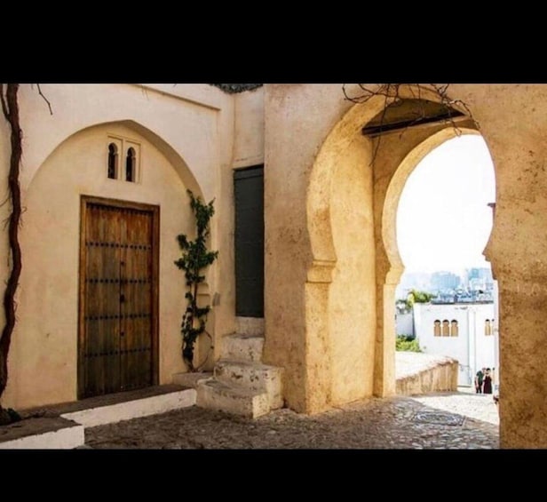 An arched doorway leading to a courtyard with a wooden door and a plant. 5