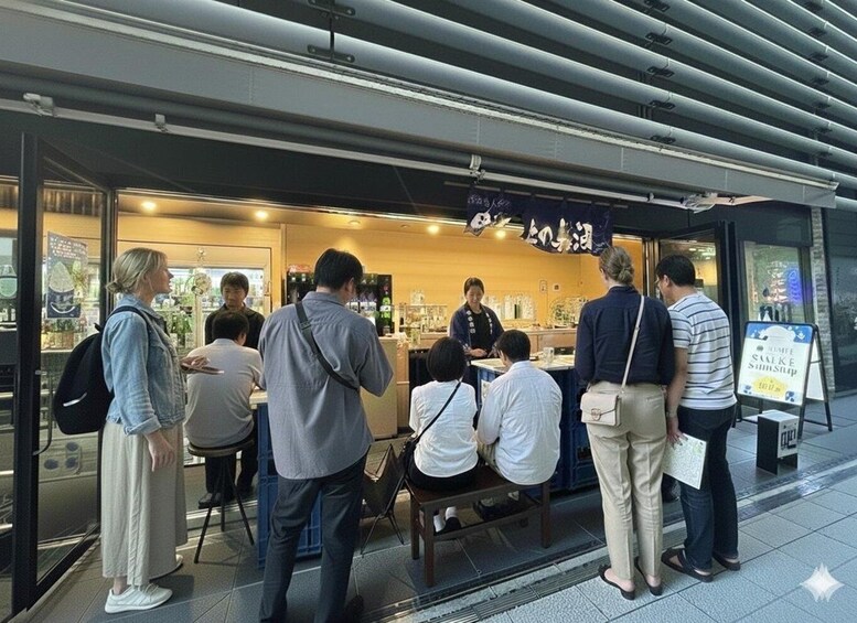 A group of people standing outside a restaurant with a sign that reads "Sake". 5