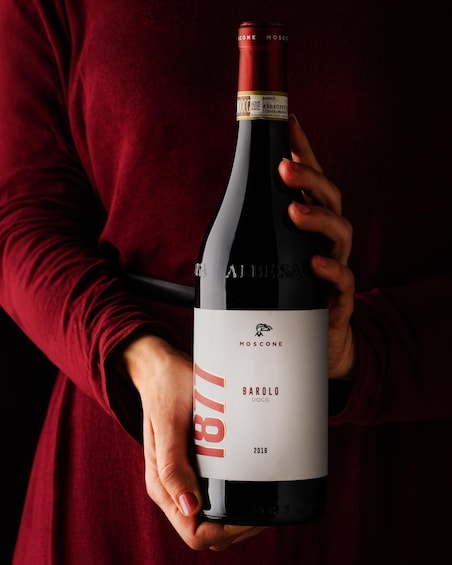 A person holding a bottle of Barolo DOCG wine from 2016. 1