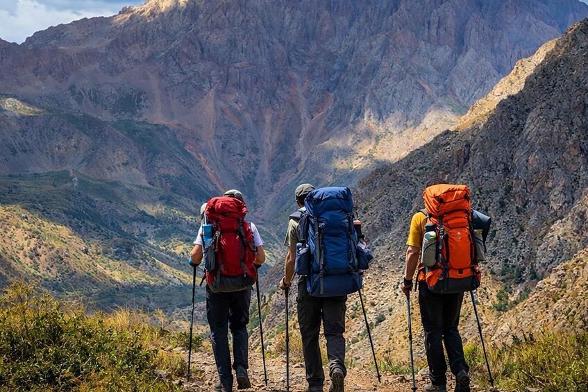 Three hikers with backpacks on a mountain trail. 5