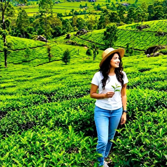 A person standing in a lush green tea plantation with terraced fields and trees in the background. 4