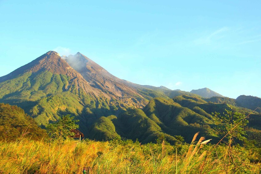 A mountain with a small hut in the foreground and a forested valley. 1