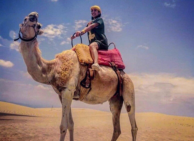 A person riding a camel in a desert. 3