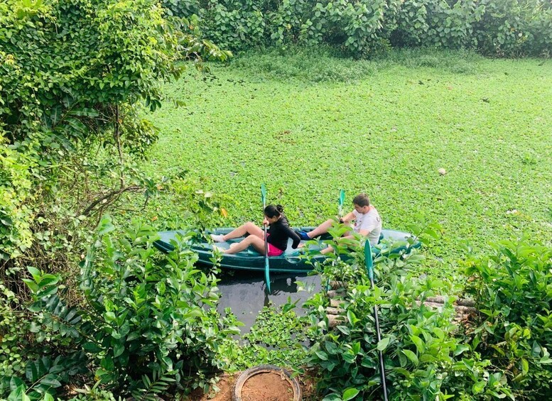 Dos personas en un bote verde sobre un cuerpo de agua rodeado de abundante vegetación. 3