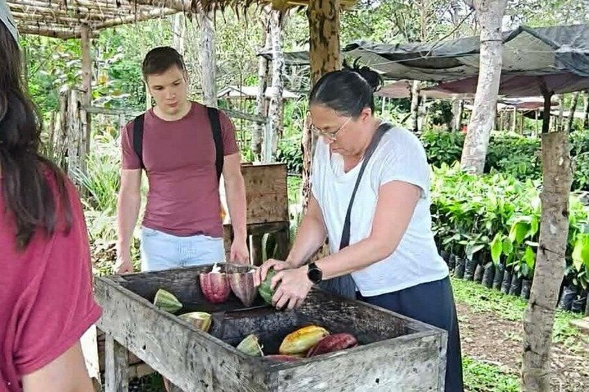 People preparing food outdoors with a grill and a wooden table. 1