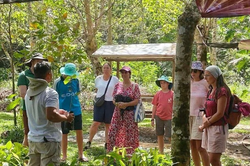 A group of people standing in a forested area with a wooden structure in the background. 3