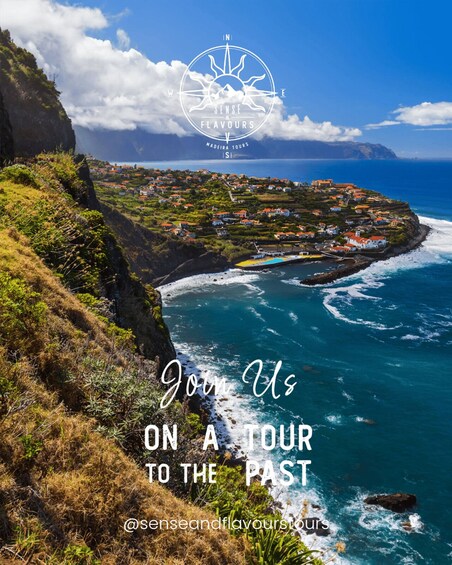 A coastal landscape with a village, cliffs, and ocean waves. 3