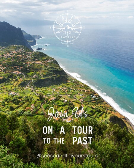 A coastal landscape with a logo for 'Sense & Flavours Madeira Tours' and a call to action for a tour. 4