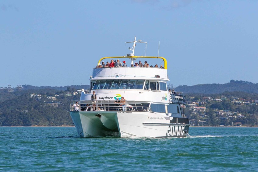 A white boat with 'explore' and 'dolphin seeker' on its side, sailing on the water with a coastal town in the background. 2