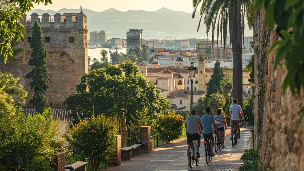 A group of people cycling on a paved path with a historic stone wall and trees in the foreground. 2