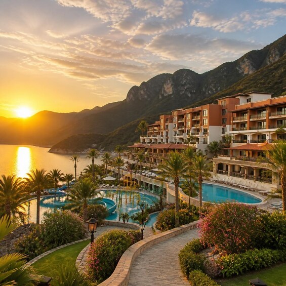 A resort with a pool, palm trees, and mountains in the background. 1