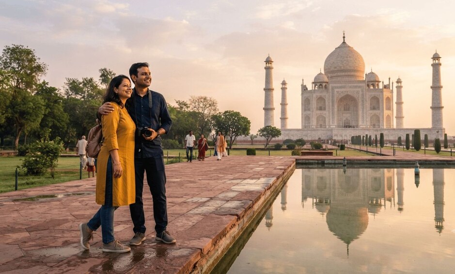 A couple walking on a paved path with the Taj Mahal in the background. 1