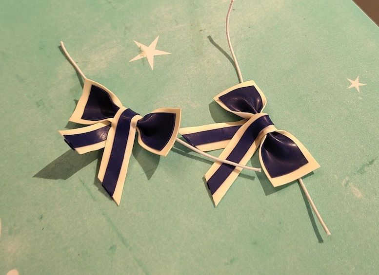 A bow with a dark blue ribbon and a lighter blue background. 2