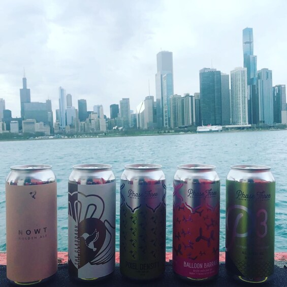 Five cans of beer in front of a city skyline. 4