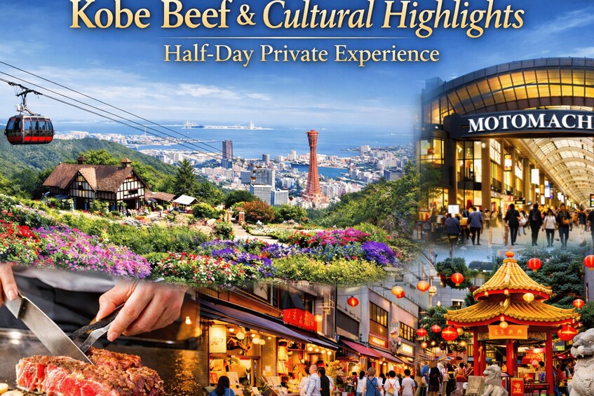 Kobe beef, a traditional Japanese dish, a cityscape with a cable car, and a shopping mall. 1