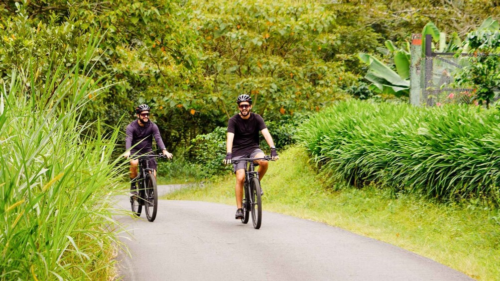 Two cyclists on a paved path surrounded by lush greenery. 1