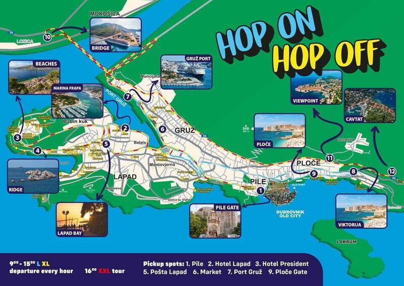 A travel map highlighting various attractions and pickup spots in a coastal city. 4