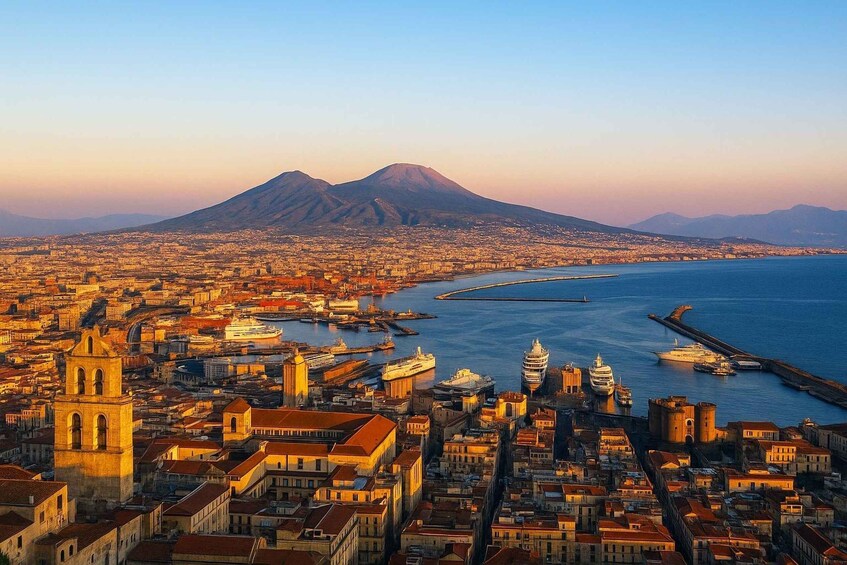 A coastal cityscape with a prominent mountain in the background, a harbor with ships, and historic architecture. 2