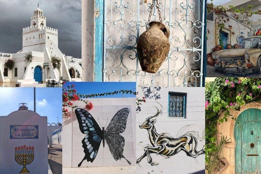 Un edificio con puerta azul, pared blanca con un mural de mariposa, pared con portón metálico y edificio con puerta azul y cielo azul. 1