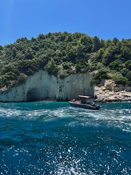 A boat on turquoise water near a rocky cliff with dense green vegetation. 4