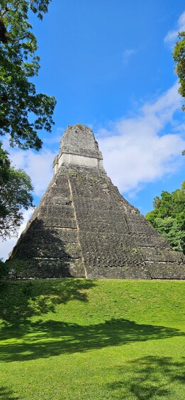A large pyramid-like structure with a flat top, surrounded by green grass and trees under a clear blue sky. 4