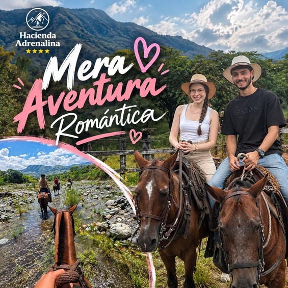 A couple on horseback in a mountainous area with a scenic view of other riders and horses. 1