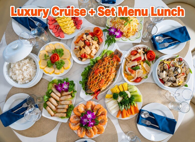 A variety of dishes arranged on a table, including rice, seafood, and salads, suggesting a meal setting. 4