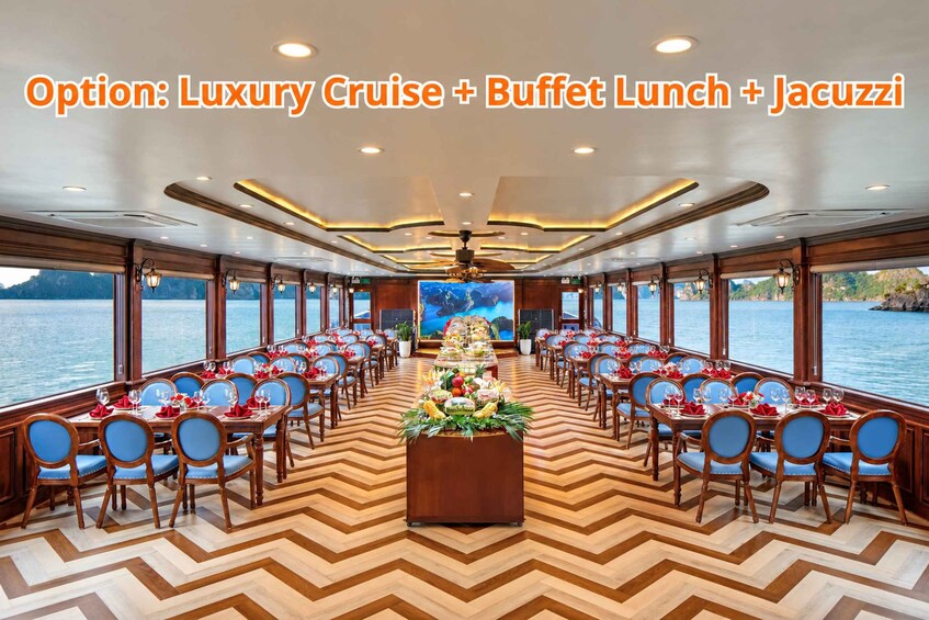 A luxury cruise dining area with multiple tables set for buffet lunch and a central display of food. 5