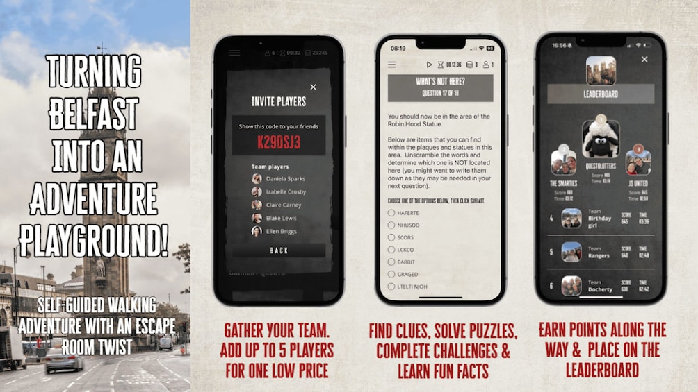 A mobile app interface for a self-guided walking adventure in Belfast, featuring team player lists, puzzles, and a leaderboard. 2