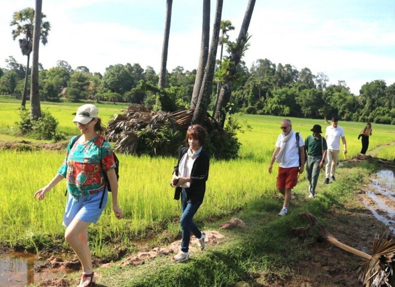 People walking through a rice field with palm trees in the background. 3