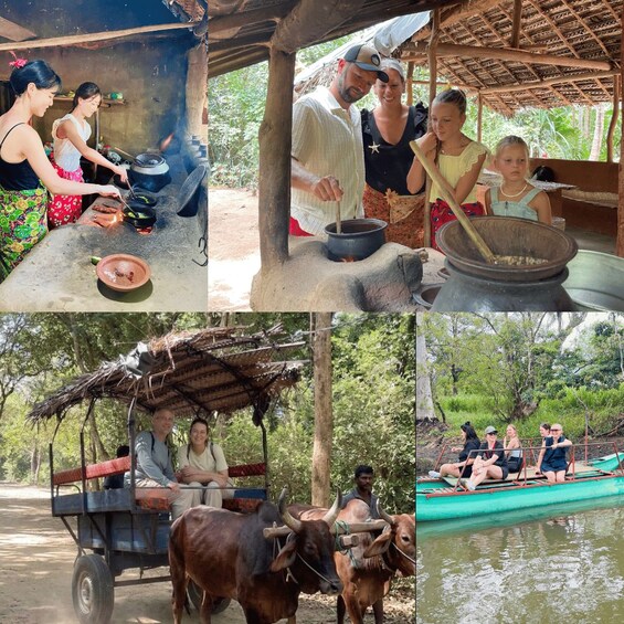 A traditional cooking scene, a rustic boat ride, and a group of people on a green boat. 2