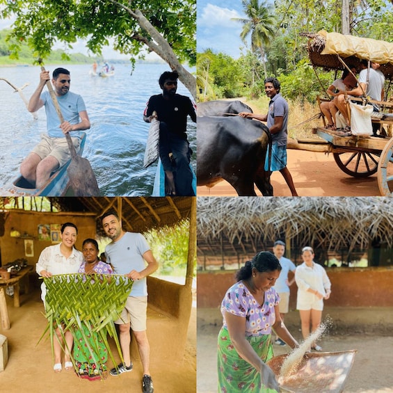 People paddling a boat, a man standing next to a cow, a cart with people, a woven structure, and a woman pouring grains. 1