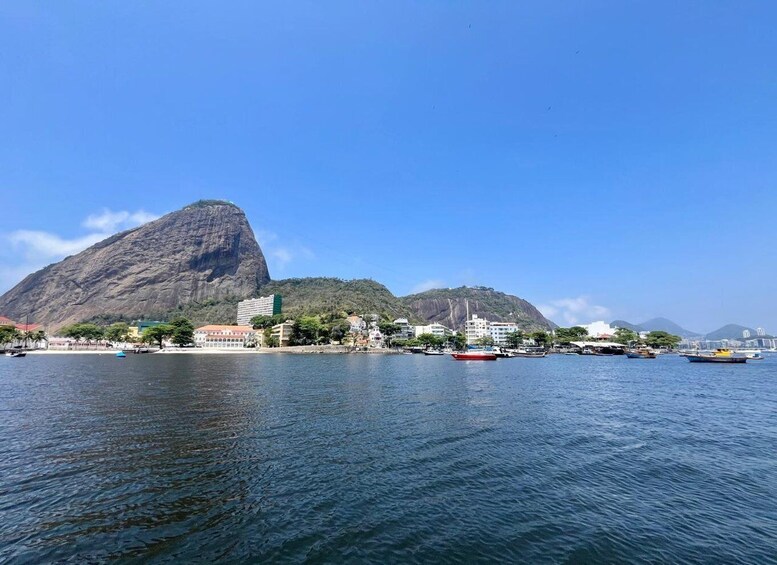 A coastal city with a prominent mountain, several buildings, and boats on the water. 4