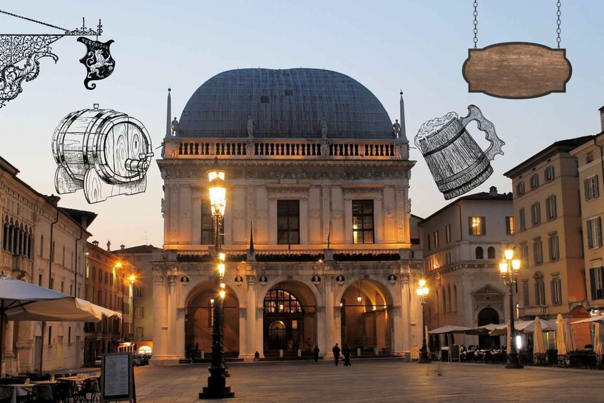 A historic square with a large dome building, ornate lamp posts, and a fountain. 1