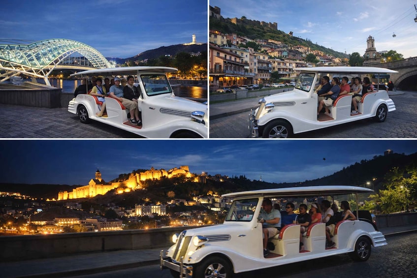 A vintage car with passengers touring a city. 2