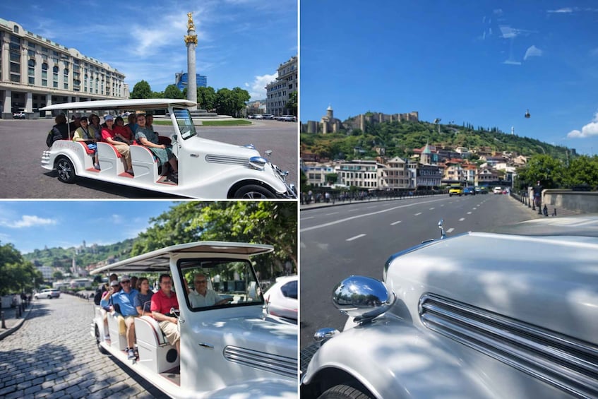 A vintage car with tourists, a cityscape with a hill, and a cobblestone street. 3