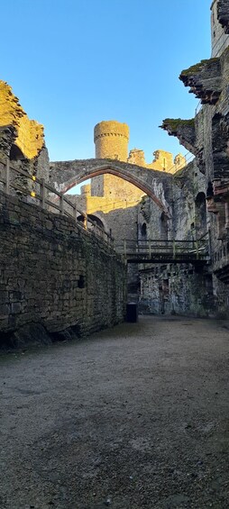 An ancient stone bridge arching over a moat, with a castle wall and a tower in the background. 4