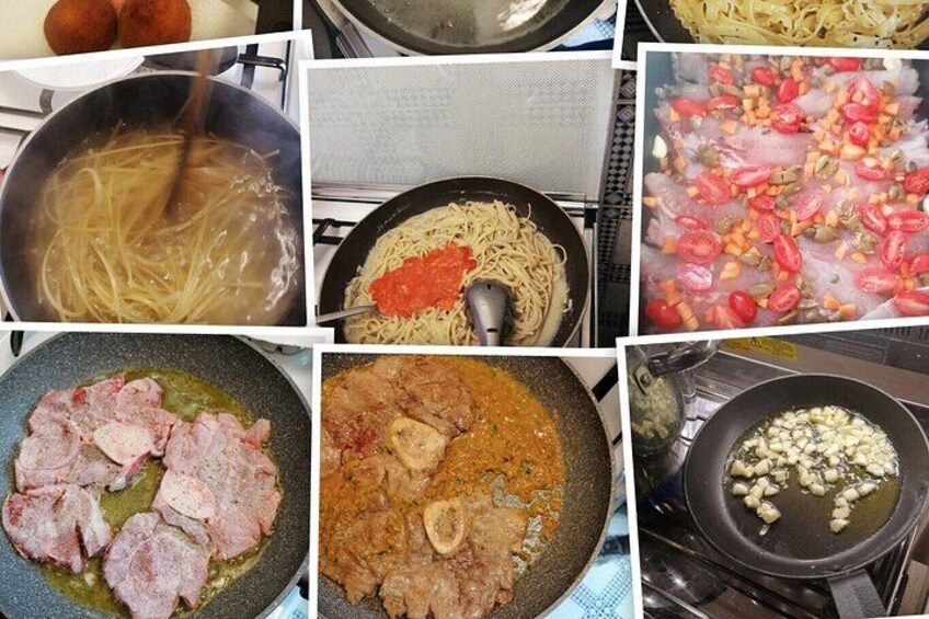 En collagebild som visar olika matlagningsscener med diverse rätter som tillagas. 2