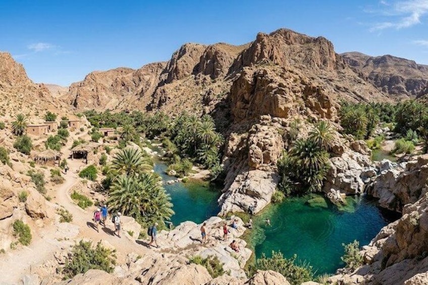 A rocky landscape with a clear blue water body, palm trees, and a few people. 4