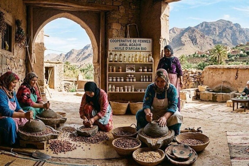 Women sorting beans in a traditional setting with mountains in the background. 3