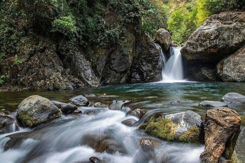 A waterfall in a forested area with rocks in the foreground. 2