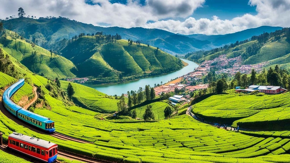 A train winding through lush green tea plantations, a river, and a small town in the valley. 3