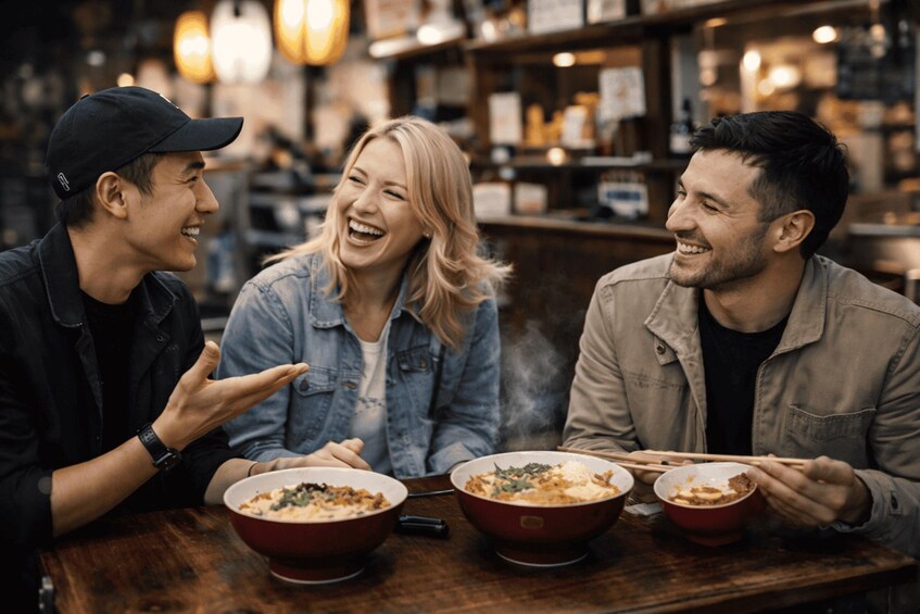 Three people sitting at a wooden table with bowls of food, in a restaurant with a warm, dimly lit interior. 3