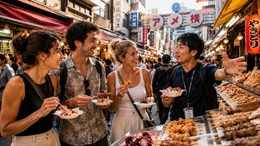 A bustling street market with people eating and vendors selling food. 1