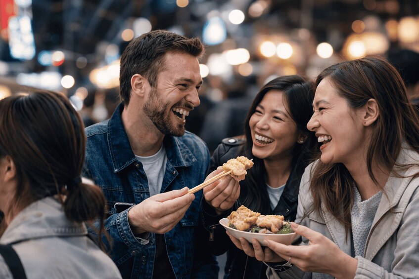 A group of people eating fried food outdoors. 5