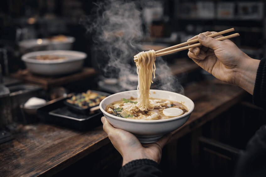 A person holding a bowl of ramen noodles with chopsticks. 4