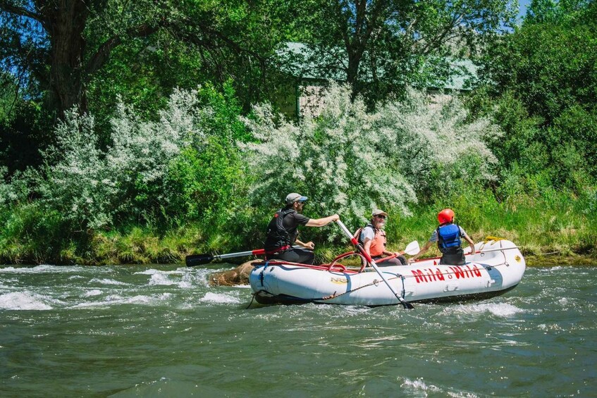 A group of people in a white inflatable raft on a river surrounded by dense greenery. 1