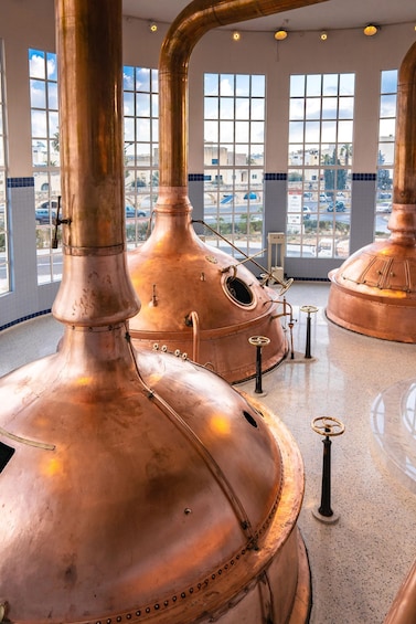 Large copper distillation columns in a building with large windows. 2
